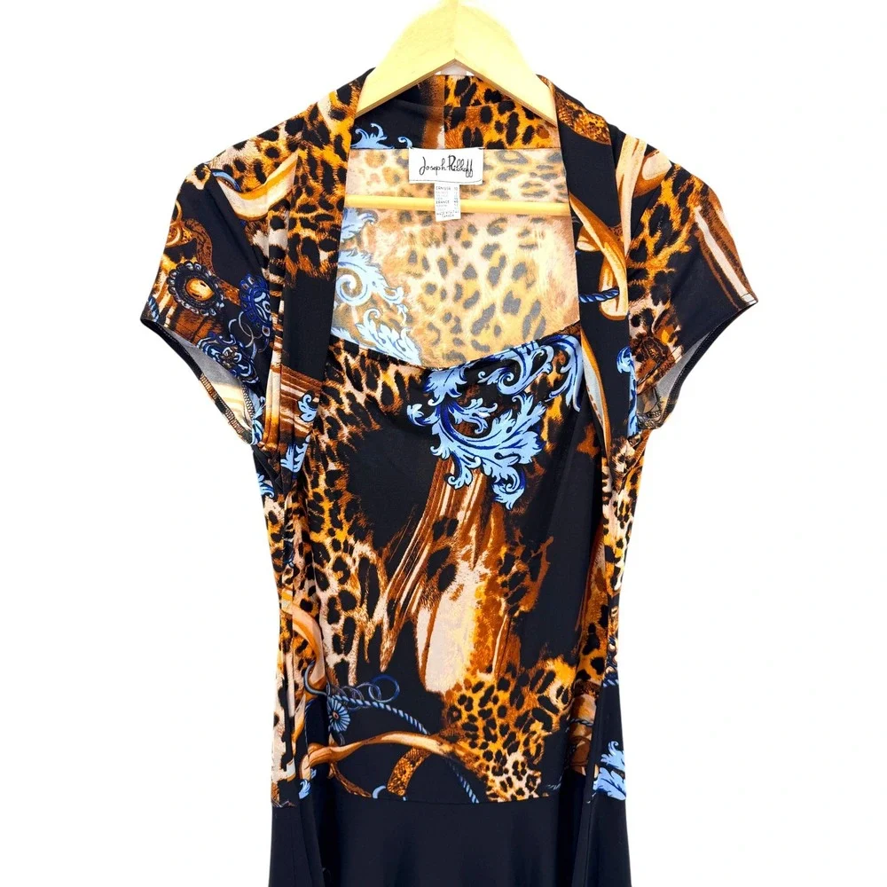 Joseph Ribkoff Leopard Baroque Print Dress Womens 10 Black Blue Gold Mob Wife - Picture 2 of 4